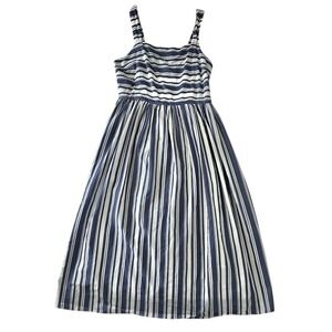 ANN MASHBURN Striped Midi Dress Womens Medium Blue White Classic Preppy A-line